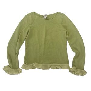 VTG Talbots Kids Green Cable Knit Sweater Ruffle Hem Sz 14 Pullover 100% Cotton